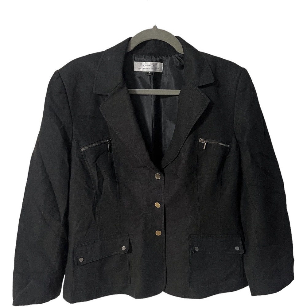 A Tahari jacket in black and a size 16